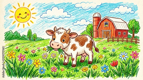 Brown and white calf on sunny farm meadow with barn.