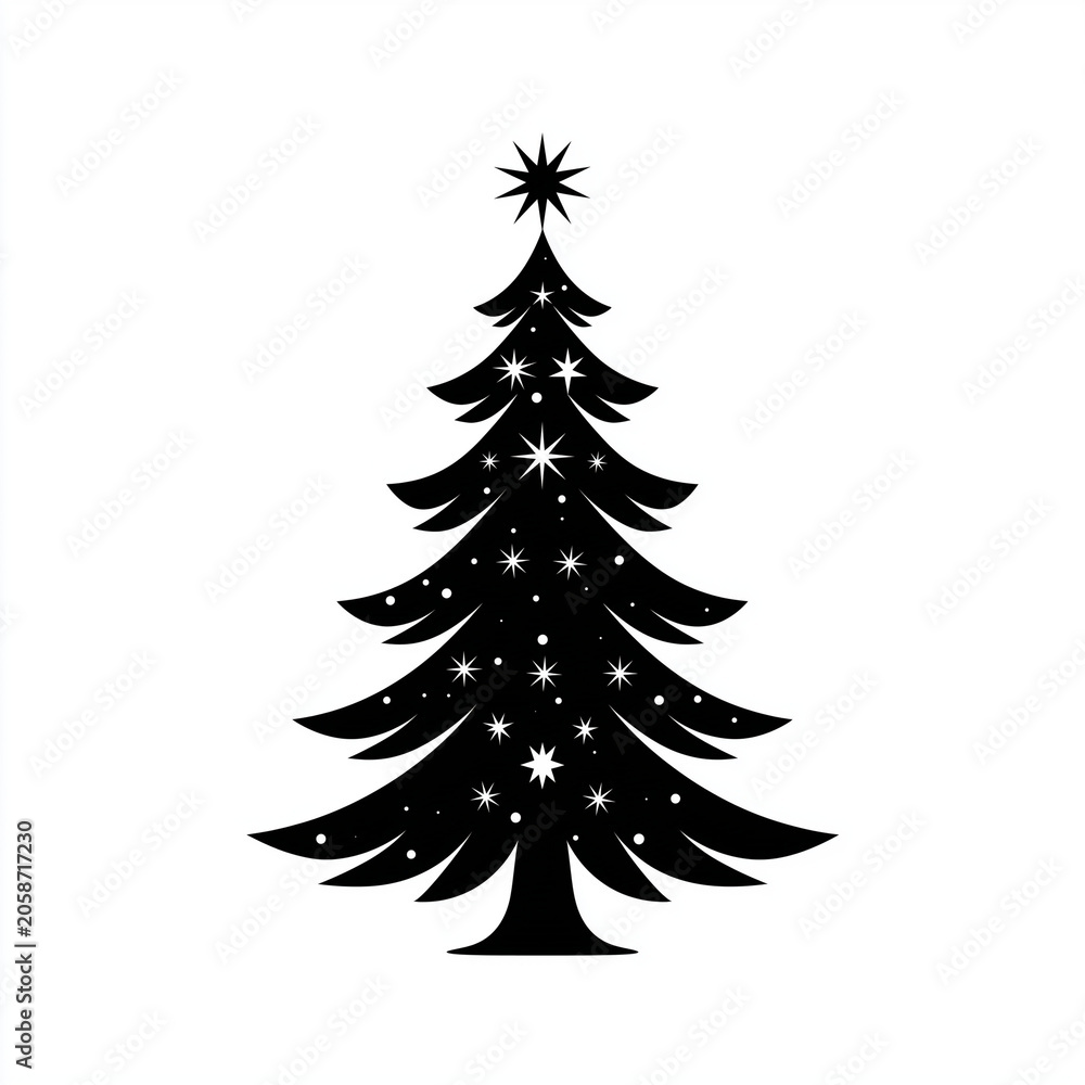 Obraz premium Black silhouette of a Christmas tree with stars and a star on top 