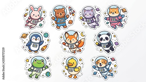 Cute Cartoon Animals in Space Astronaut Outfits Floating Amongst Stars and Planets.