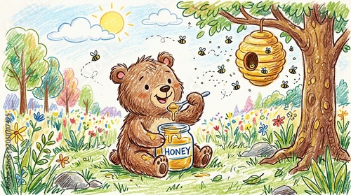 Cute cartoon bear eating honey from a jar in a sunny meadow with a beehive.