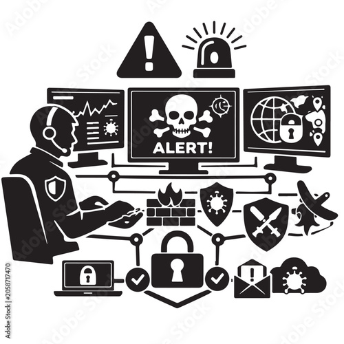Cybersecurity Analyst Monitoring Network Security Threats With Alert Systems For Digital Protection Concepts
