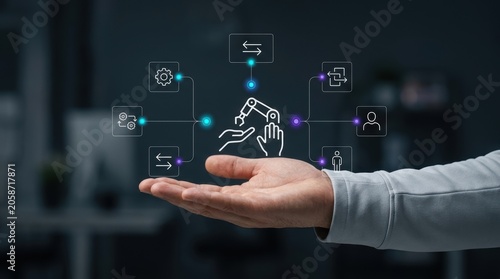 Obraz na plátně Businessman's hand displaying a human-robot collaboration network with AI automa