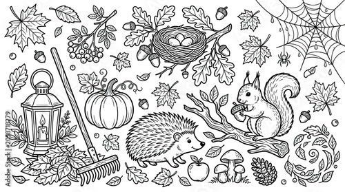 Autumn season elements collection with squirrel hedgehog pumpkin leaves and lantern.