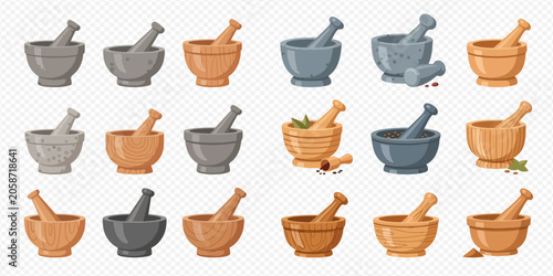 Fotografía Collection of various mortar and pestle sets for grinding spices and herbs, kitchen tools for cooking and medicine preparation