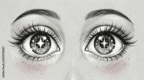 Closeup of a womans eyes with a starry galaxy reflected in the pupils.