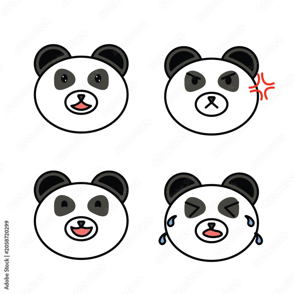 Naklejka premium Cute panda bear emoji avatar vector illustration bundle. Giant panda expression set with happy angry crying face. Flat design oriental animal icon.