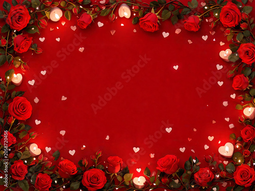 Wedding digital backdrop with a lush frame of velvety red roses and elegant heart-shaped candles. White heart confetti is sprinkled over a crimson background. Golden hour lighting, ethereal glow.