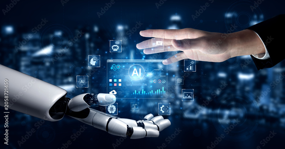 Fototapeta premium An advanced AI assistant demonstrates its own generative platform. The interface shows how this smart technology can create various forms of digital content and automate tasks. Fermion