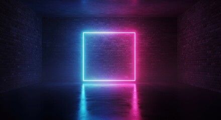 Futuristic Neon Square Frame in Dark Brick Room with Blue and Pink Glowing Lights and Reflective Floor