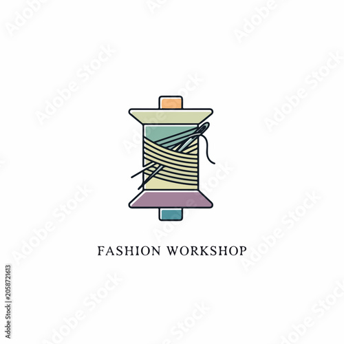 Spool of thread and sewing tools fashion workshop logo