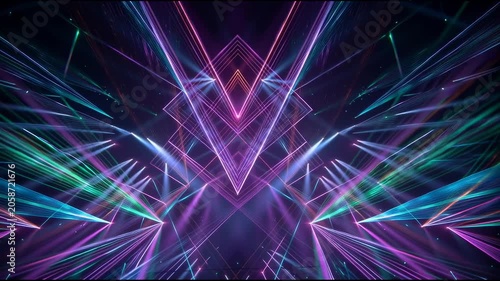 Vibrant laser light show with geometric patterns and beams in purple and green