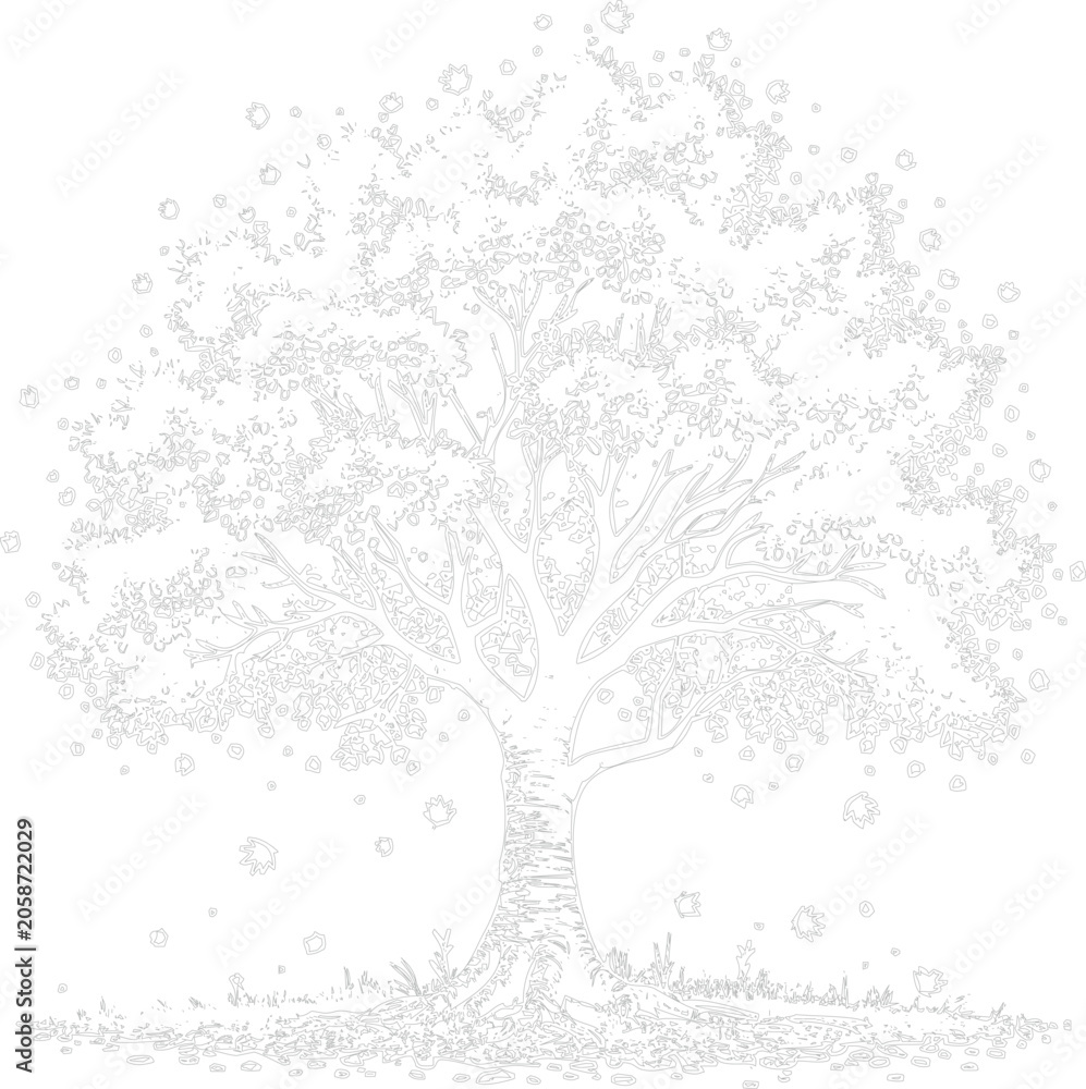Fototapeta premium Stylized line of a large tree with falling leaves and root system line outline