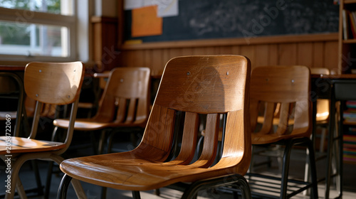 Aftermath moment showing an empty classroom with chairs slightly disarranged after students have left, chalk residue on board, late afternoon light, education industry, school environment, teaching 