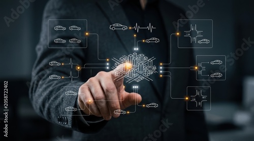 Tableau sur toile Businessman interacting with a virtual smart city interface for autonomous vehic