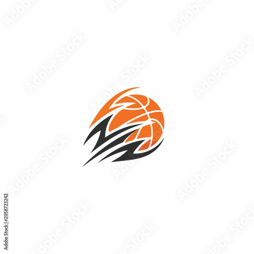 Abstract basketball emblem with dynamic orange ball and black swoosh