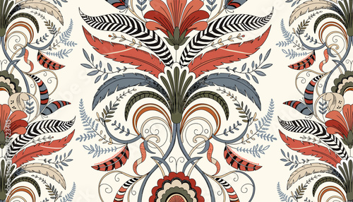Photos Intricate floral and foliate pattern with a symmetrical design in warm earthy tones and cool blues