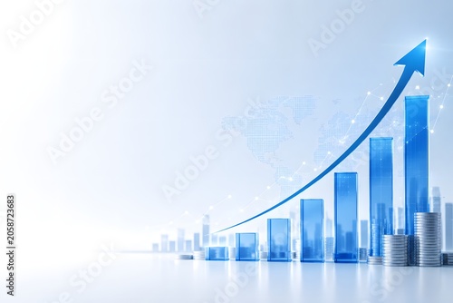 Business financial growth and economic success chart with rising blue arrow and coins.