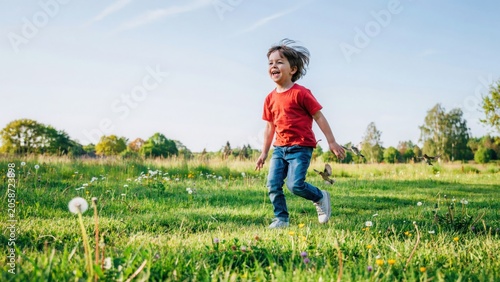 Young child running joyfully through lush green field under bright blue sky