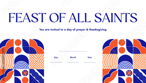 Obraz na płótnie Feast of All Saints invitation with decorative geometric patterns and a date input field, inviting attendees to a day of prayer and thanksgiving