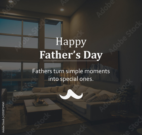 Dark cozy living room interior at dusk with Happy Father's Day typography and mustache graphic