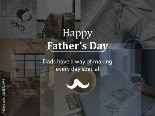 Dark blurred interior of a living room or study with Happy Father's Day text and mustache icon