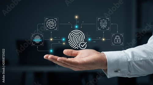 Businessman presenting a glowing digital fingerprint icon with biometric security network for verification, identity protection, cybersecurity, data access control modern technology business concept