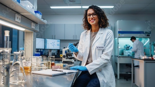 Female Scientist Smiling While Working in Modern Laboratory with Equipment