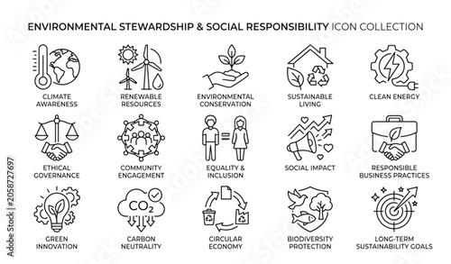 Environmental and Social Responsibility Outline Icons Featuring Sustainability and Ethical Business Concepts