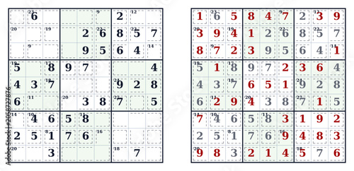 Sudoku puzzle grids with filled and empty squares on white background  