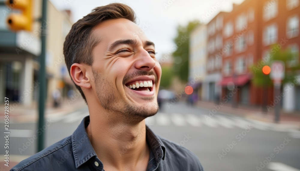 Obraz premium Young man laughing joyfully while standing in city street during daytime 