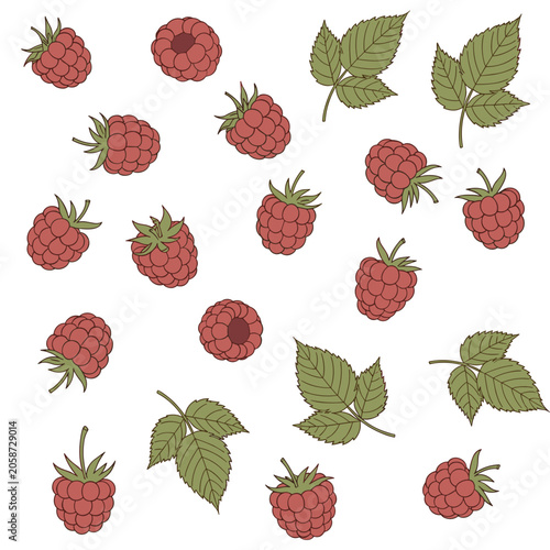 Scattered raspberries and leaves pattern