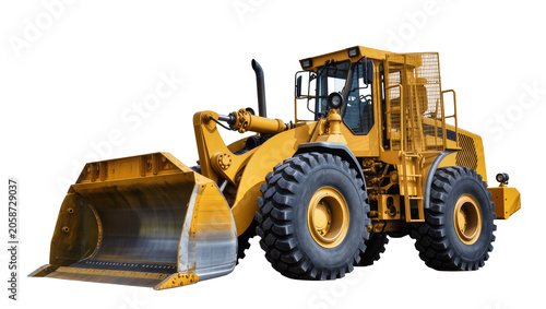 Obraz na płótnie Yellow heavy-duty wheel loader with large bucket and thick tires