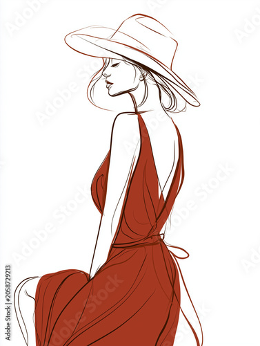 Minimalist Line Art Illustration of a Woman Wearing a Wide-Brim Hat and Red Dress