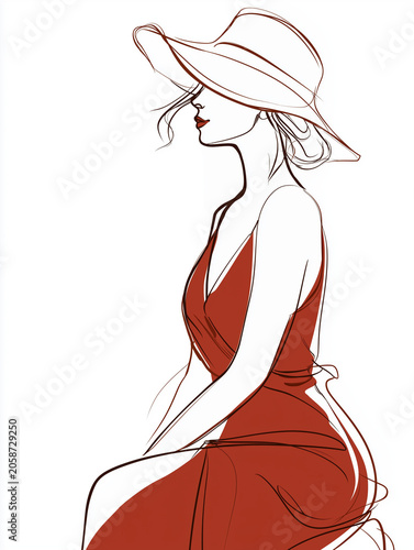 Minimalist Line Art Illustration of a Woman Wearing a Wide-Brim Hat and Red Dress