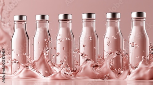 Row of glass bottles filled with pink liquid splashing on a solid background