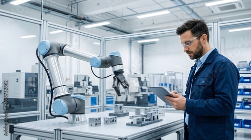 Engineer Operating a Collaborative Robot Arm with a Tablet in a Modern Automated Factory Workshop