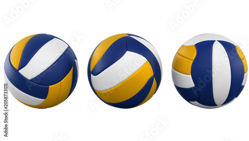 Three volleyballs with blue yellow, and white panels