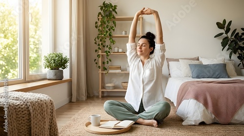 Young woman stretching and meditating while sitting on the floor in her cozy bedroom in the morning