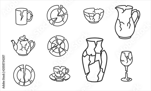 Broken pottery collection line art icons of cracked dishes and vessels