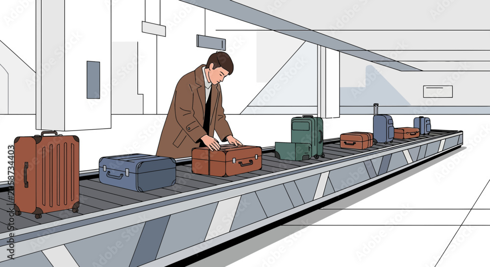 Fototapeta premium Man picking luggage from airport baggage carousel, travel concept illustration