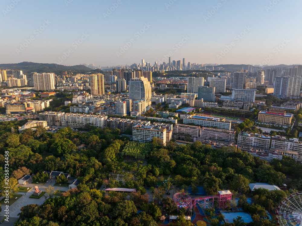 Naklejka premium Aerial View of Nanning Cityscape with Urban Buildings and Green Spaces in Guangxi