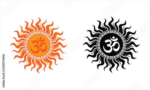 Om symbol with sun rays orange and black vector illustrations