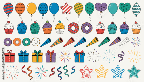 Festive party elements vector set featuring balloons, confetti, gifts, sweets, and celebration decorations.