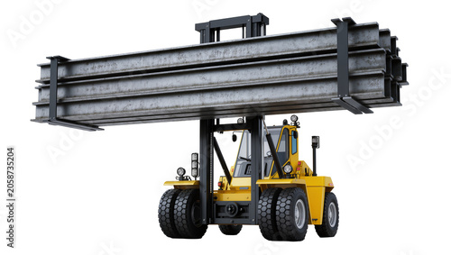 Fotografía Yellow heavy-duty forklift carrying steel I-beams