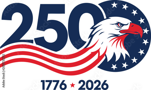 American bald eagle head with red white and blue design elements and 250 years anniversary dates