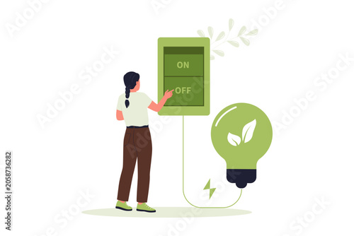 Turning Off Light Switch to Save Energy. A woman turning off a giant wall switch connected to a glowing green leaf light bulb to save household electricity consumption