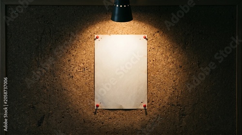 Bild auf Leinwand Spotlight Illuminating Blank Paper on Detective Corkboard
