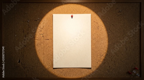 Obraz na płótnie Spotlight Illuminating Blank Paper on Detective Corkboard