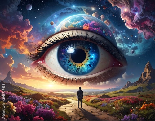 Surreal Giant Blue Eye Floating Above Lone Figure in Colorful Fantasy Landscape