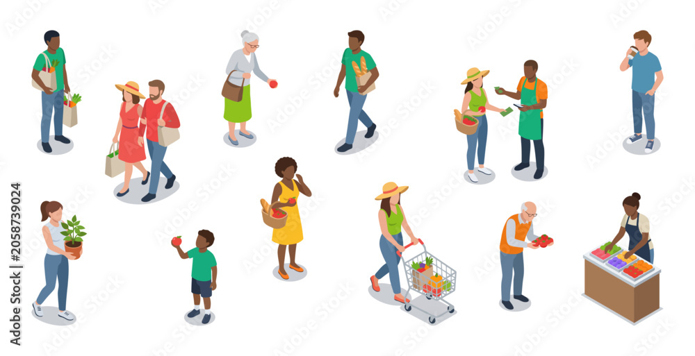 Fototapeta premium Farmers market shoppers buying fresh organic produce | Diverse people characters shopping at local food grocery store | Isometric vector illustration